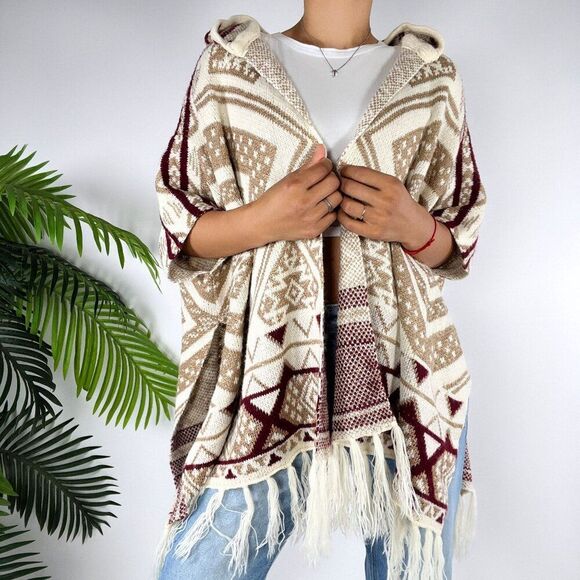 Womens Beige Aztec Bohemian Western Sweater Cardigan Fall Hooded Poncho / S/M - Picture 5 of 8